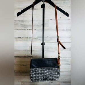 Fossil Crossbody Purse Black Leather Canvas with Fossil Key Charm Fossil Fiona